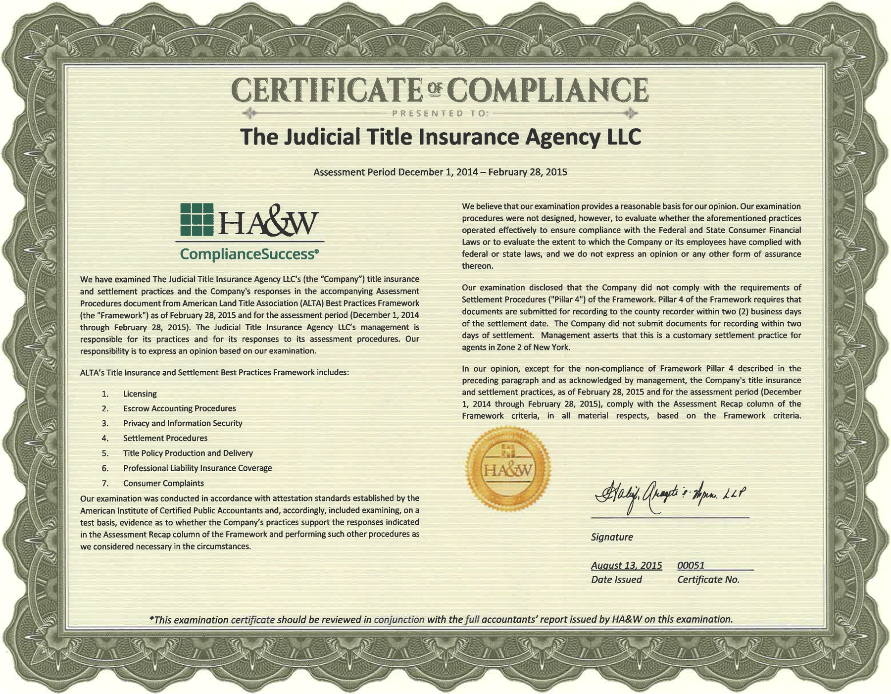 ALTA Best Practices Certified The Judicial Title Insurance Agency LLC